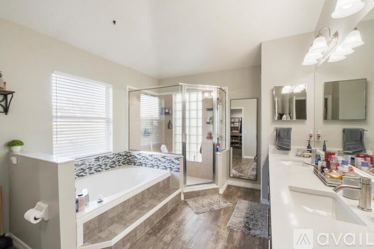 A bathroom with a walk-in shower and a bathtub.
