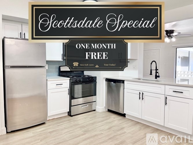 A kitchen with a sign that says "Scottsdale Special One Month Free".