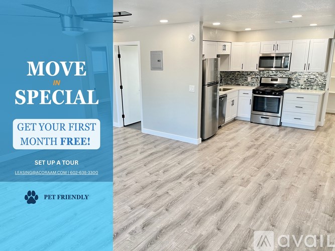 A real estate advertisement offering a first month free deal for a pet-friendly apartment.