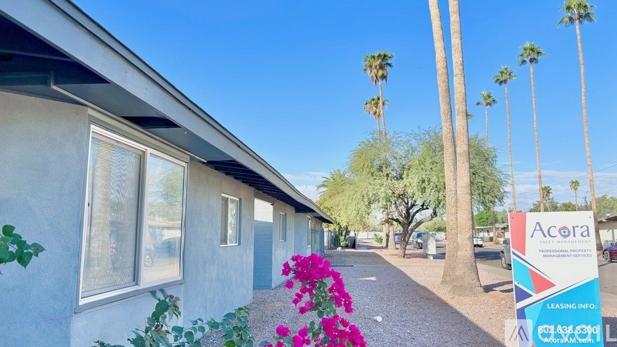 A sunny day at Acora Apartments with a clear blue sky and palm trees.