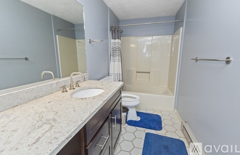 A bathroom with a sink, toilet, and shower.