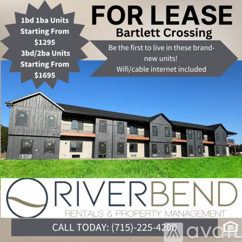 An advertisement for a property management company offering 1 bedroom units for rent at Bartlett Crossing starting from $1295 and 3 bedroom/2 bath units starting from $1695.