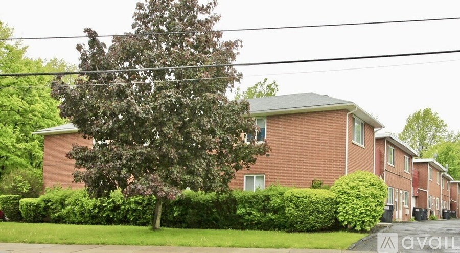 A tree in front of a red brick house.