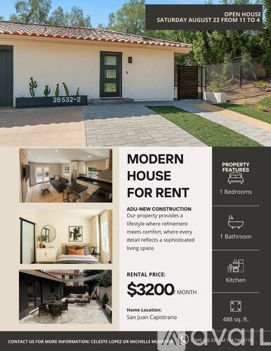 A modern house is for rent, with a monthly price of $3200.