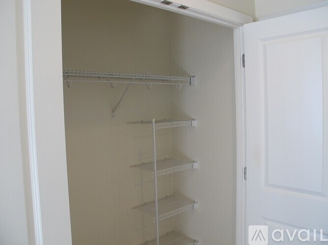 Empty white shelves in a white closet.