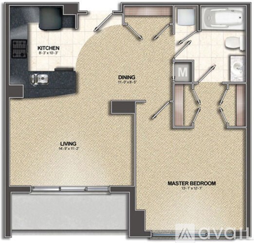 A floor plan of a house with a kitchen, dining room, living room, and master bedroom.