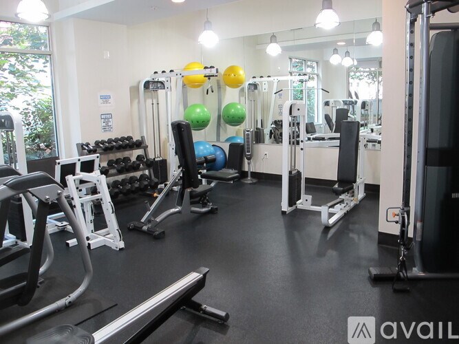 A gym with a variety of equipment including weights and exercise balls.