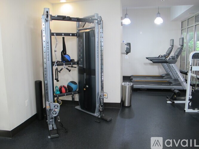 A gym with a squat rack, weights, and a treadmill.