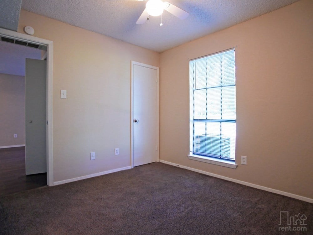 A room with a carpeted floor, a window with blinds, and two doors.