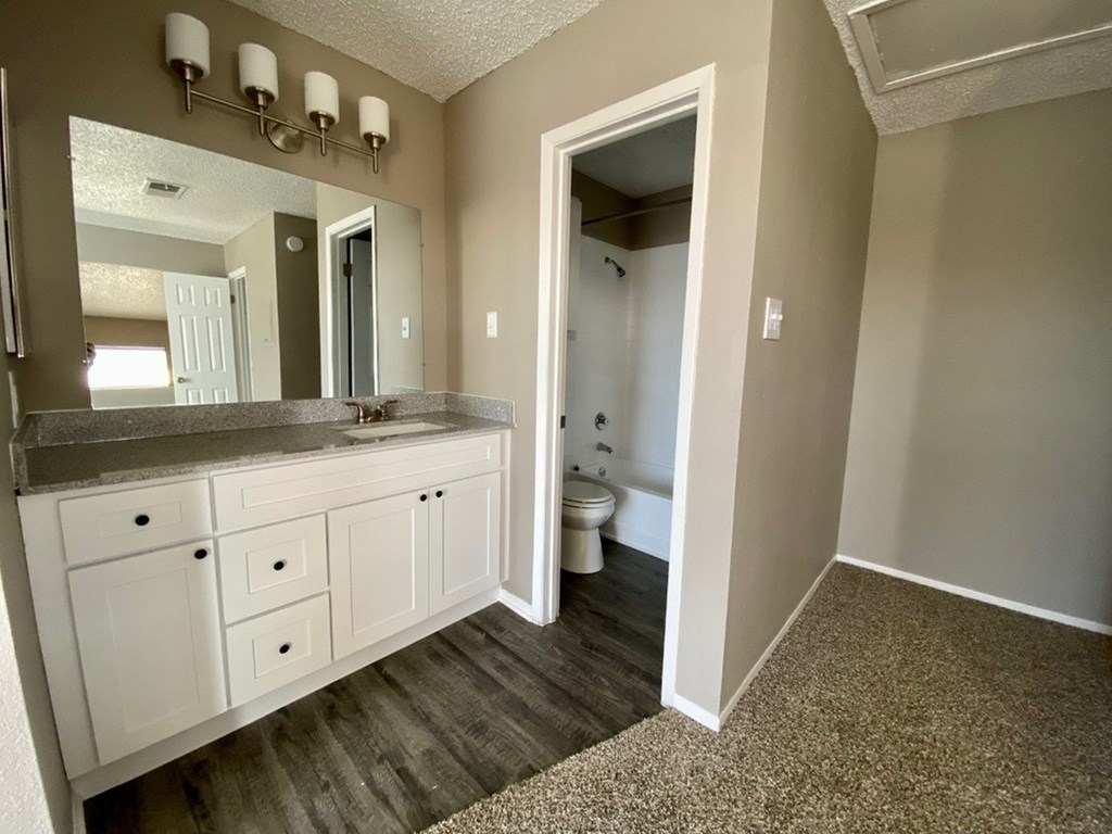 A bathroom with a sink, mirror, and toilet.
