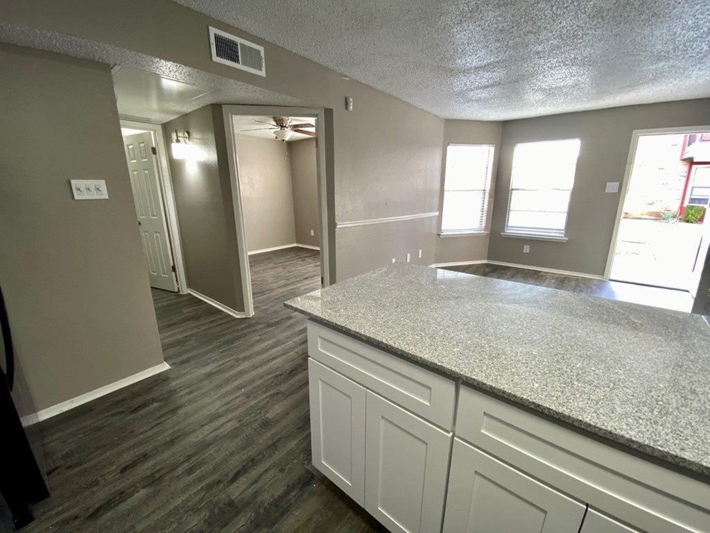 A kitchen with a counter top and cabinets.