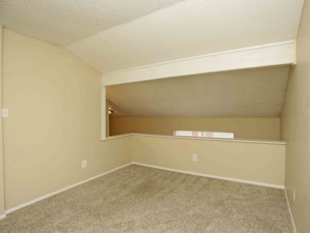 A room with beige walls and carpeted floor.