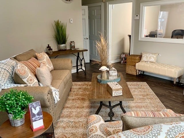 A living room with a sofa, armchair, and coffee table.