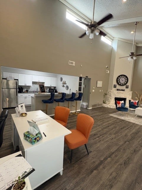 A long hallway with a door at the end.