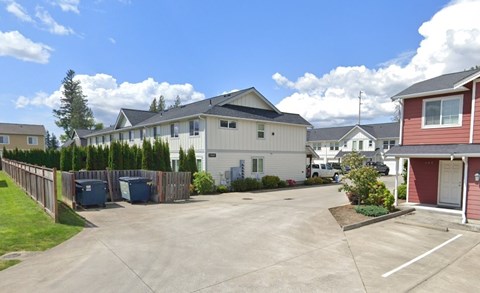 A sunny day at a residential area with houses and a clear blue sky.