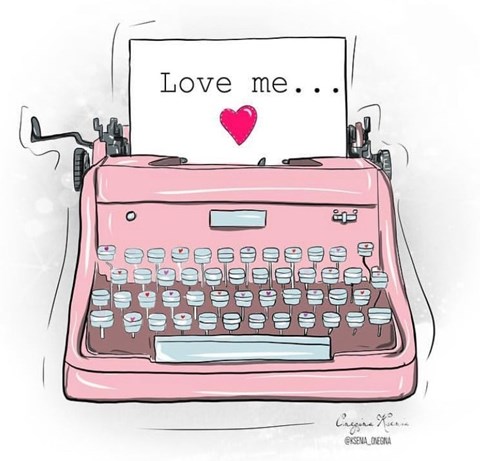 A pink typewriter with a paper that says "Love me...".