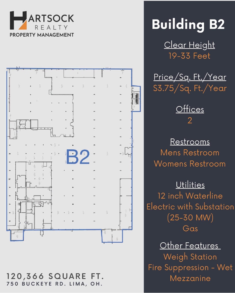A blueprint of Building B2 with details about its features.
