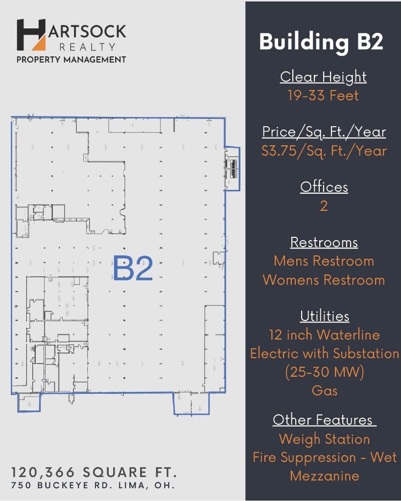 A blueprint of Building B2 with details about its features.