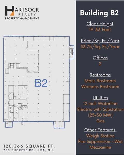 A blueprint of Building B2 with details about its features.