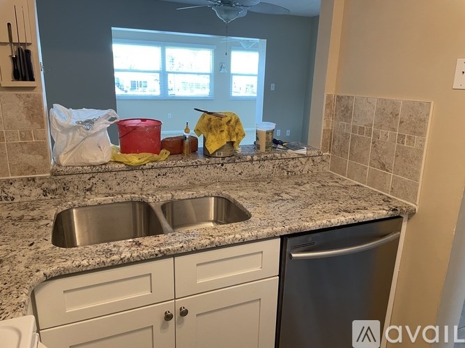 A kitchen counter with a sink and a dishwasher.