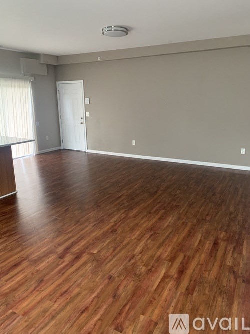 A room with wooden flooring and a white door.