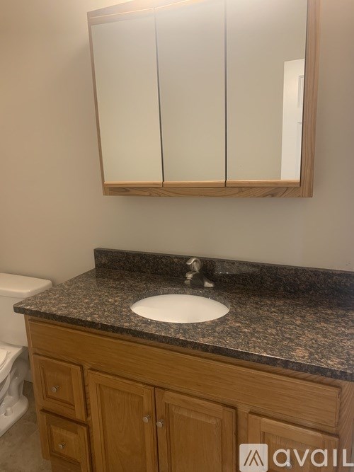 A bathroom with a granite countertop and a mirror above it.