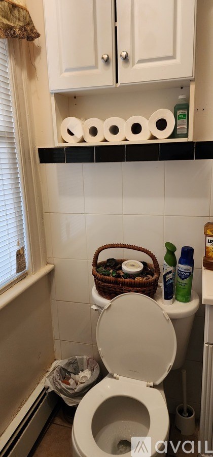 A toilet with the seat up and a basket on the back of it.