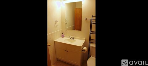 A bathroom with a sink, mirror, and toilet paper roll.