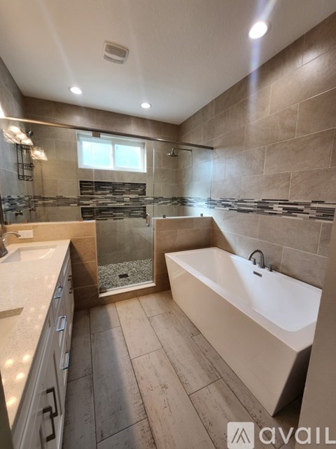A modern bathroom with a walk-in shower and a bathtub.
