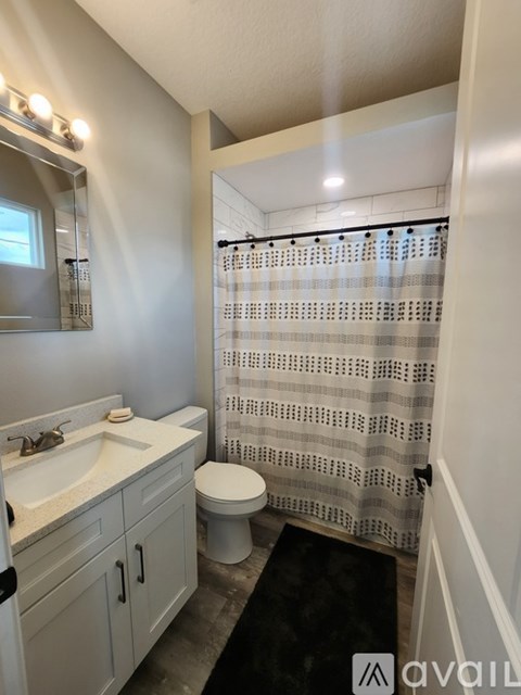 A bathroom with a toilet, sink, and shower curtain.