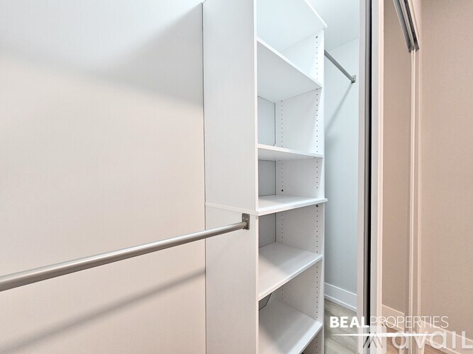 A white pantry with shelves and a door open.
