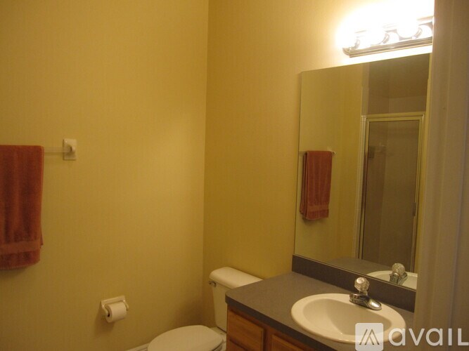 A bathroom with a toilet, sink, mirror and towel.