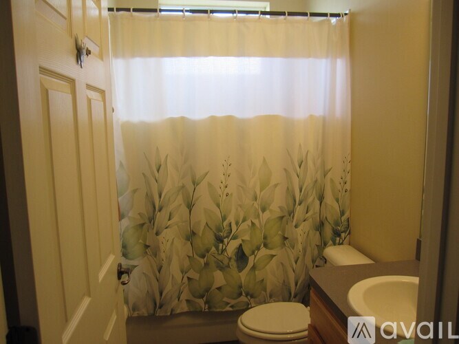 A bathroom with a toilet, sink, and a shower curtain with a leaf pattern.