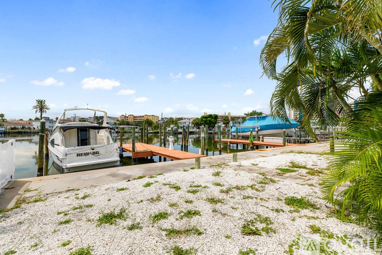 A boat is docked at a pier with a palm tree in the foreground.