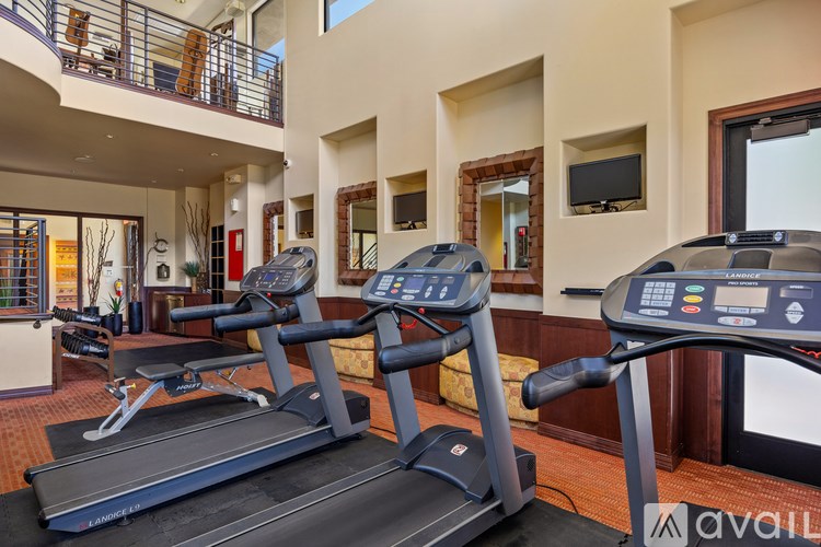 A gym with treadmills and a television.