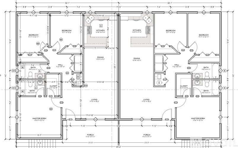 A detailed architectural floor plan of a building with labeled rooms and measurements.