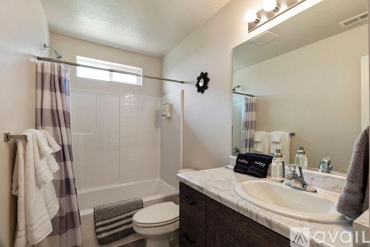 A bathroom with a toilet, sink, and shower.