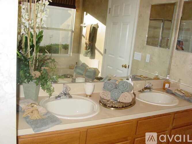 A bathroom with two sinks and a mirror.