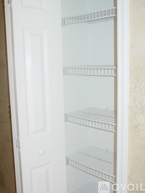 Empty white shelves in a white door.