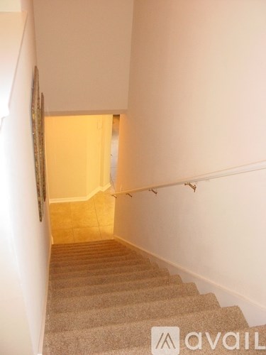 A staircase with a carpeted runner and a metal handrail.