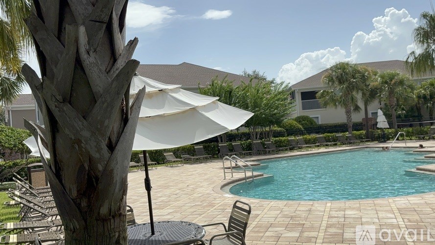 A pool surrounded by trees and chairs under a white umbrella.