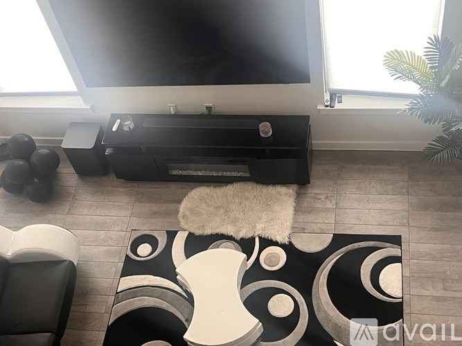 A black and white living room with a flat screen TV and a white rug.