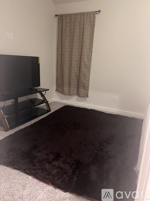 A black flat screen TV on a wooden stand in a room with a brown rug.