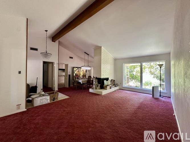 A living room with a red carpet and a fireplace.