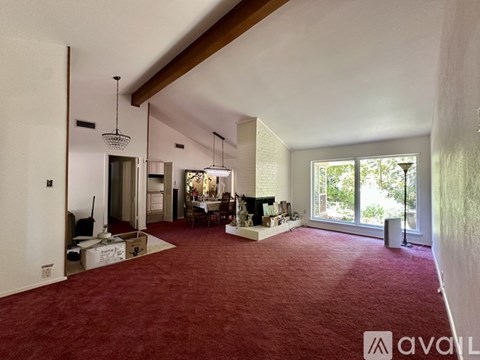 A living room with a red carpet and a fireplace.