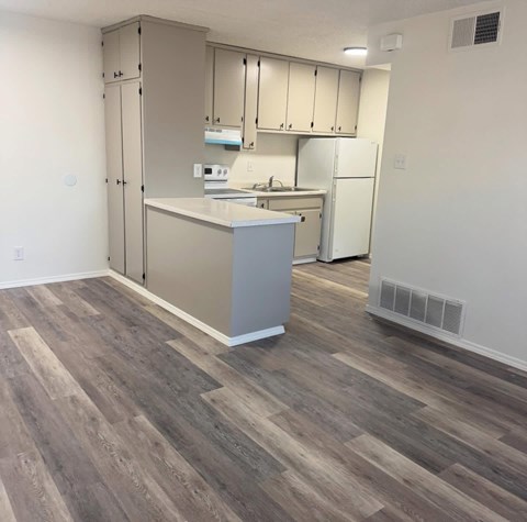 A kitchen with a white fridge and a countertop.