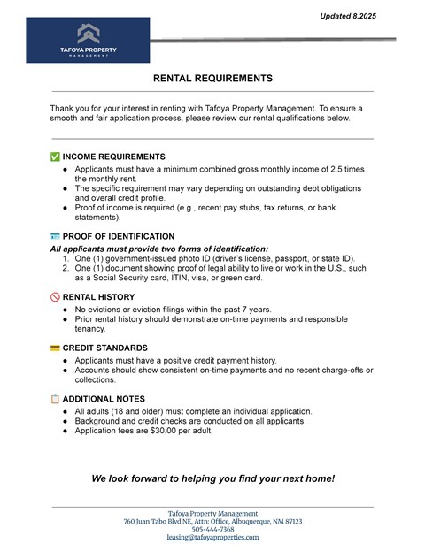 A document from Tafofo Property Management outlining their rental requirements.