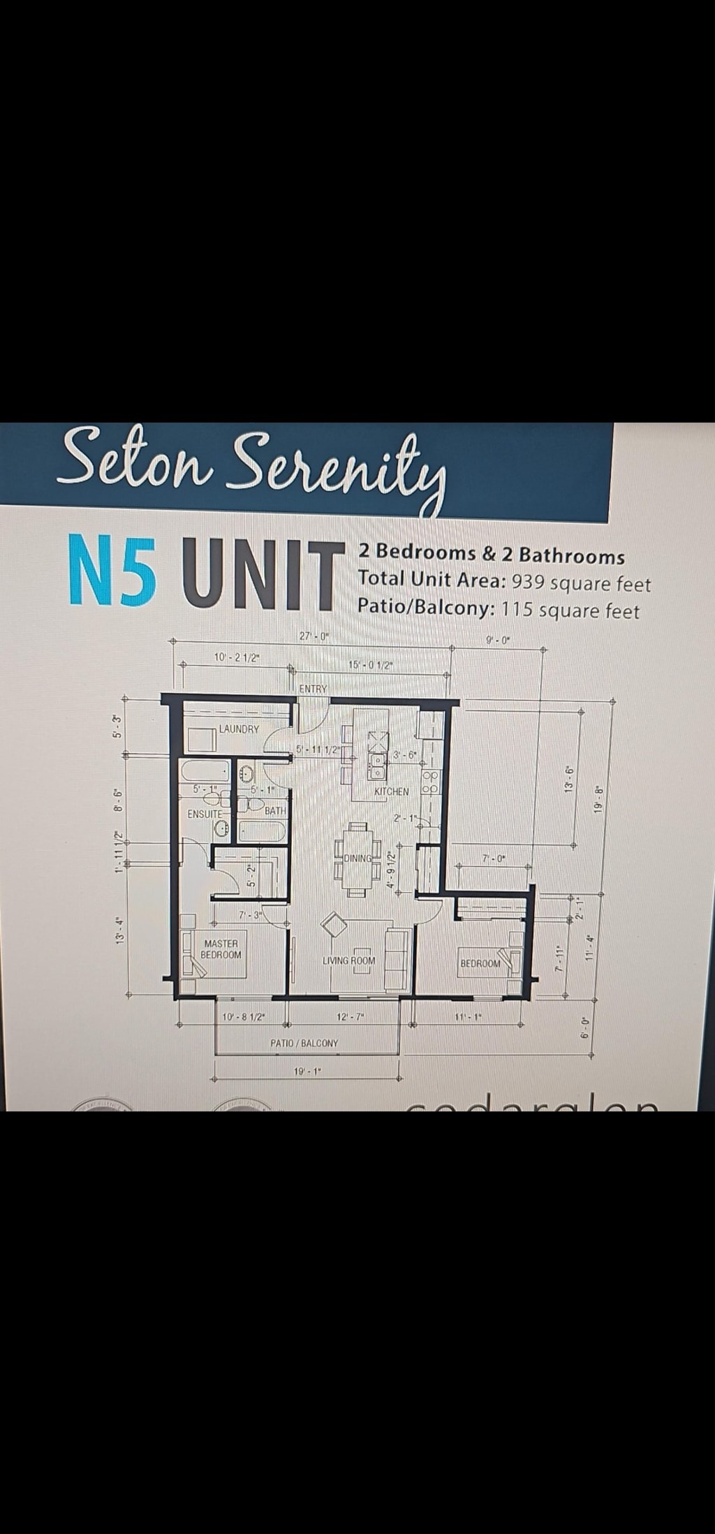 A floor plan for a Seton Serenity N5 unit, which includes 2 bedrooms and 2 bathrooms, is displayed.