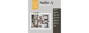 A floor plan for a 2-bedroom, 2-bath suite with dimensions for each room.
