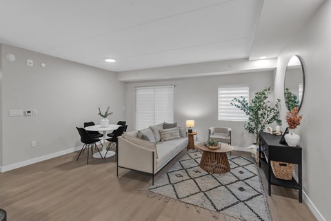 A living room with a sofa, chairs, and a dining table.